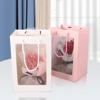 教师节橱窗袋小花束手提袋开窗袋子（25x15x35)鲜花包装粉色白色