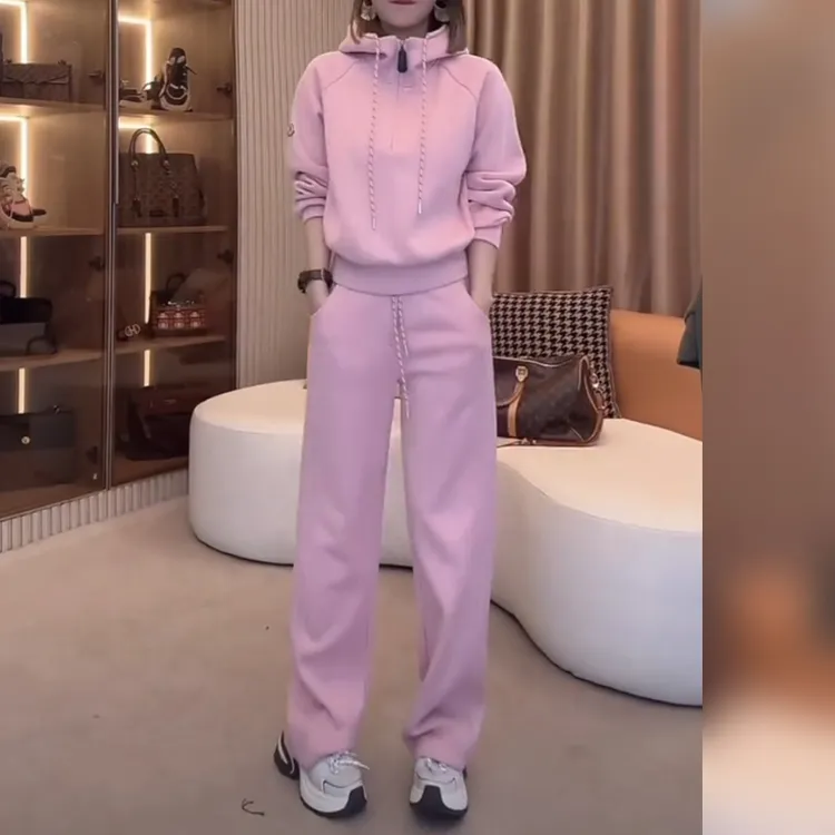 【黄微倪】新款加绒韩版百搭洋气套装设计感卫衣搭配秋冬网红长裤