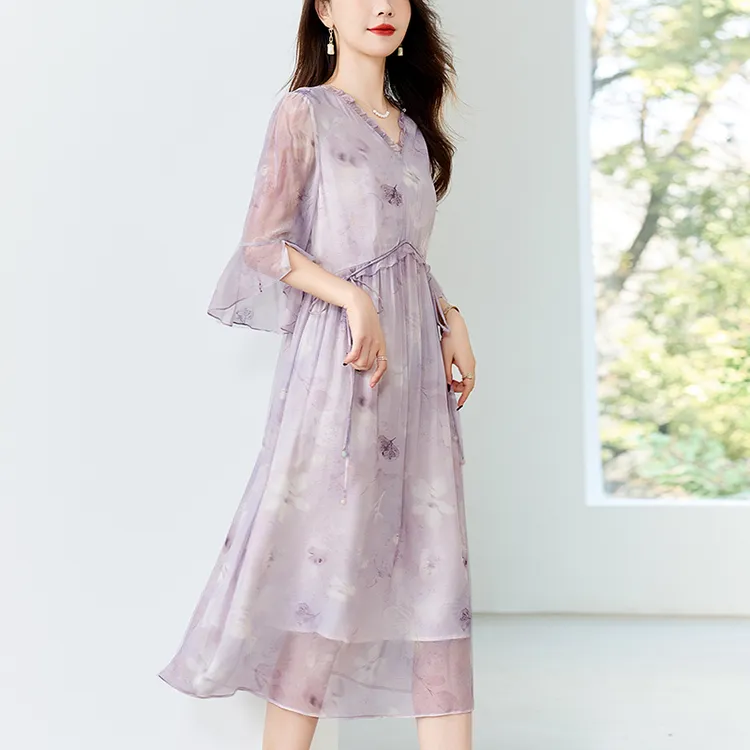 水墨佳人100%桑蚕丝夏季女士时尚显瘦印花连衣裙82497110