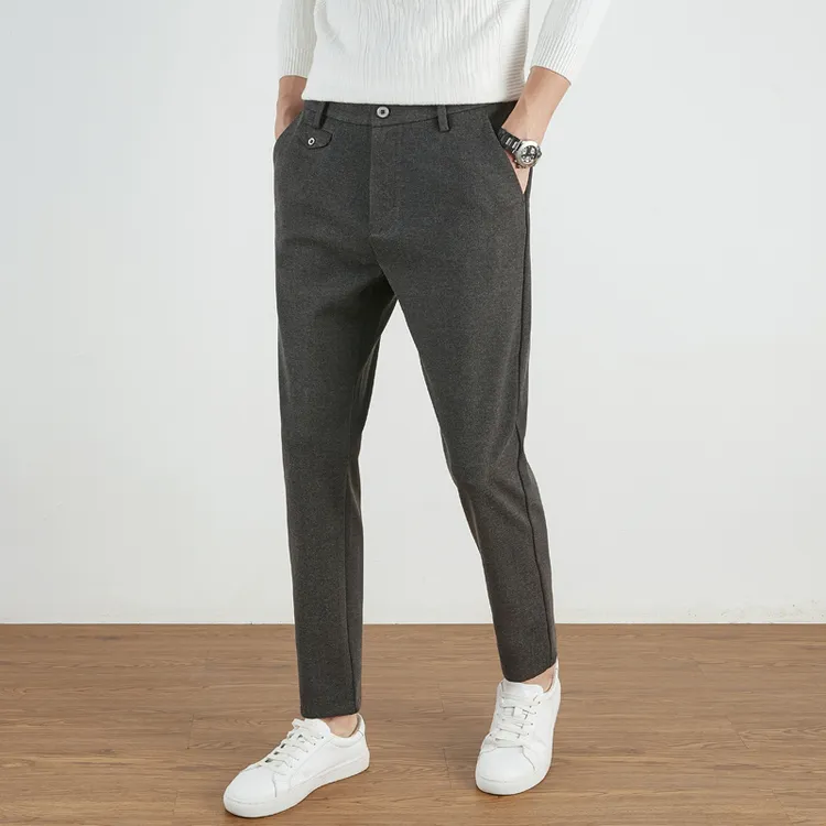 高端毛呢休闲裤男秋冬款抗皱免烫小脚长裤呢料松紧腰男士锥形裤