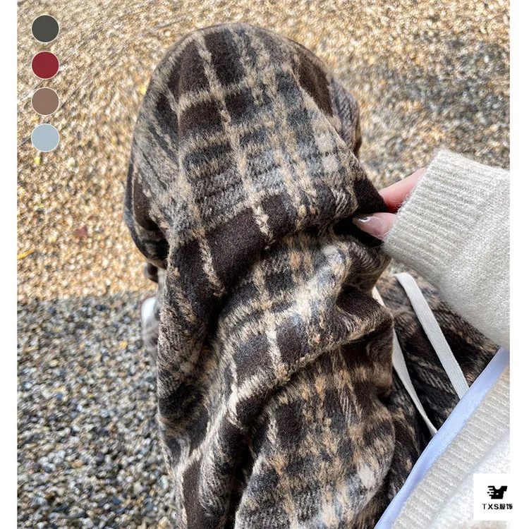 加绒格子裤子女秋冬季2024新款加厚棉裤直筒宽松小个子毛呢阔腿裤