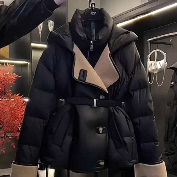 高级感黑色中长款收腰棉服外套女2024新款冬装爆款设计感保暖棉袄