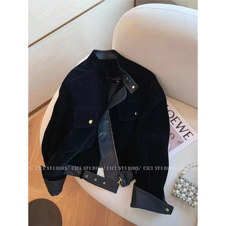 黑色pu皮拼接绒面立领短外套女2024秋冬新款复古美式气质显瘦上衣