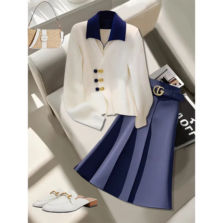 2025年早秋新款休闲时尚洋气减龄针织假两件毛衣百搭半身裙两件套