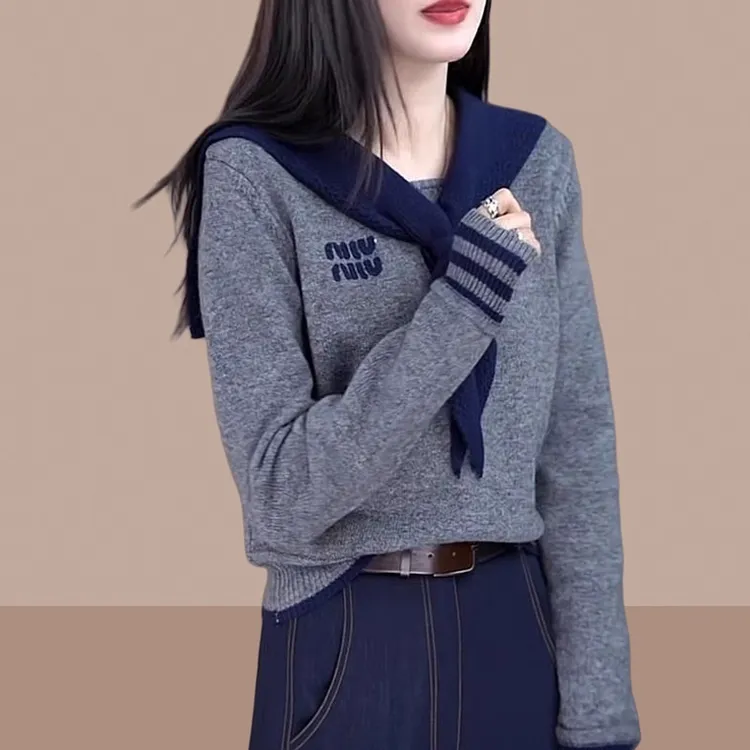 韩系减龄高级感海军领披肩针织衫假两件女秋冬季时尚百搭刺绣字母