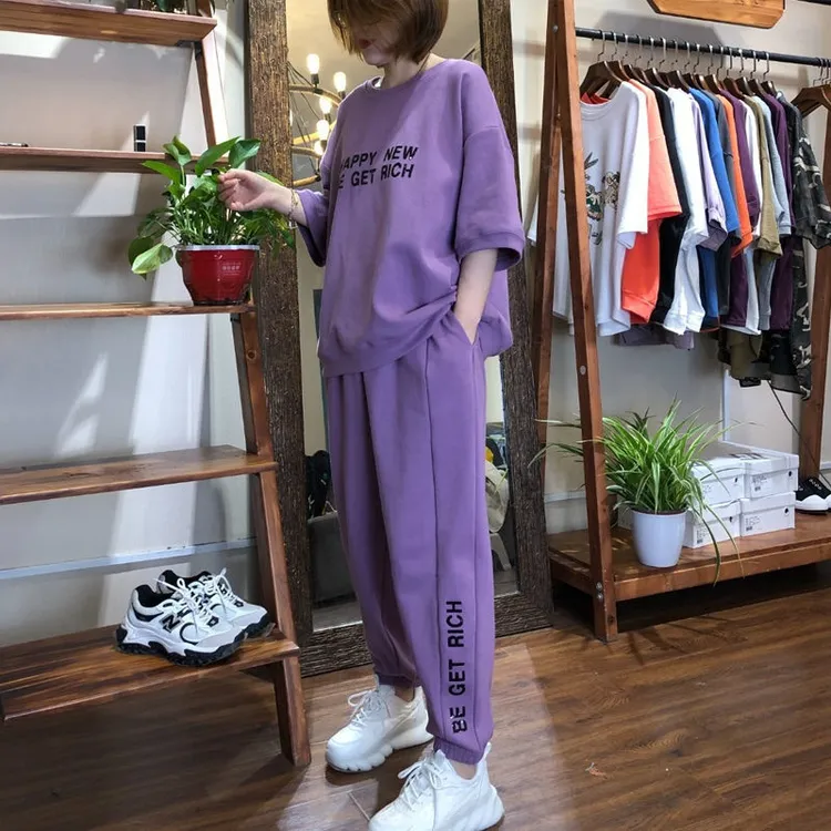 夏季女士休闲套装短袖大码小个子显瘦洋气宽松网红减龄运动两件套