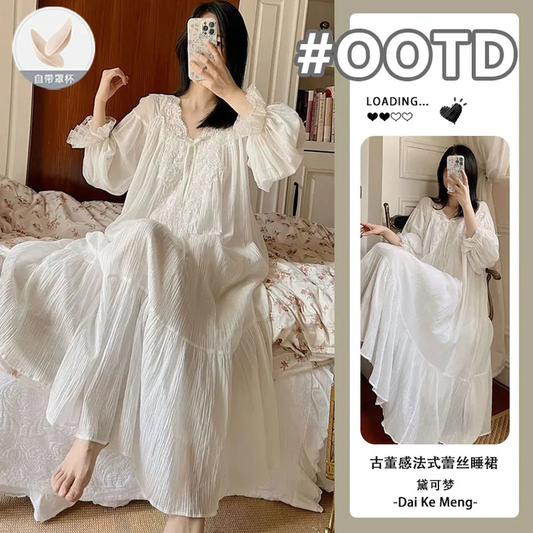 （美若天仙）法式公主风睡裙女春秋宫廷风长袖带胸垫可外穿连衣长裙