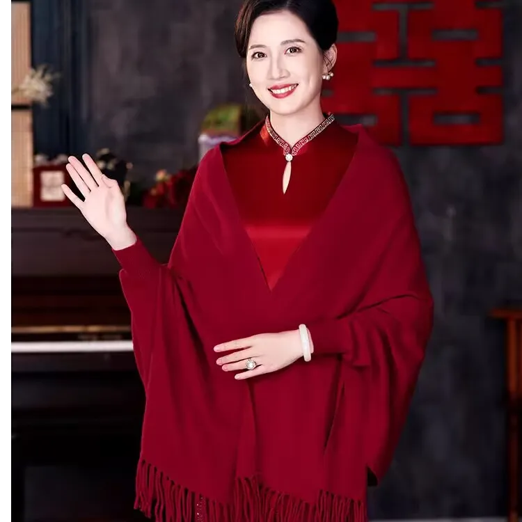 羊绒带袖披肩女喜婆婆妈妈春秋冬季外搭旗袍斗篷外套婚礼披风时尚