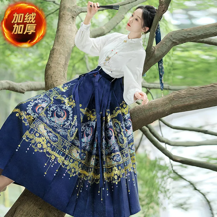 2025春秋新款加绒加厚提花立领长袖衬衫女新中式中国风马面裙上衣