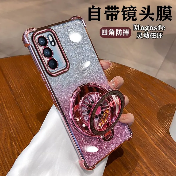 适用opporeno6手机壳reno6pro陀螺支架透明保护硅胶套四角防摔软.