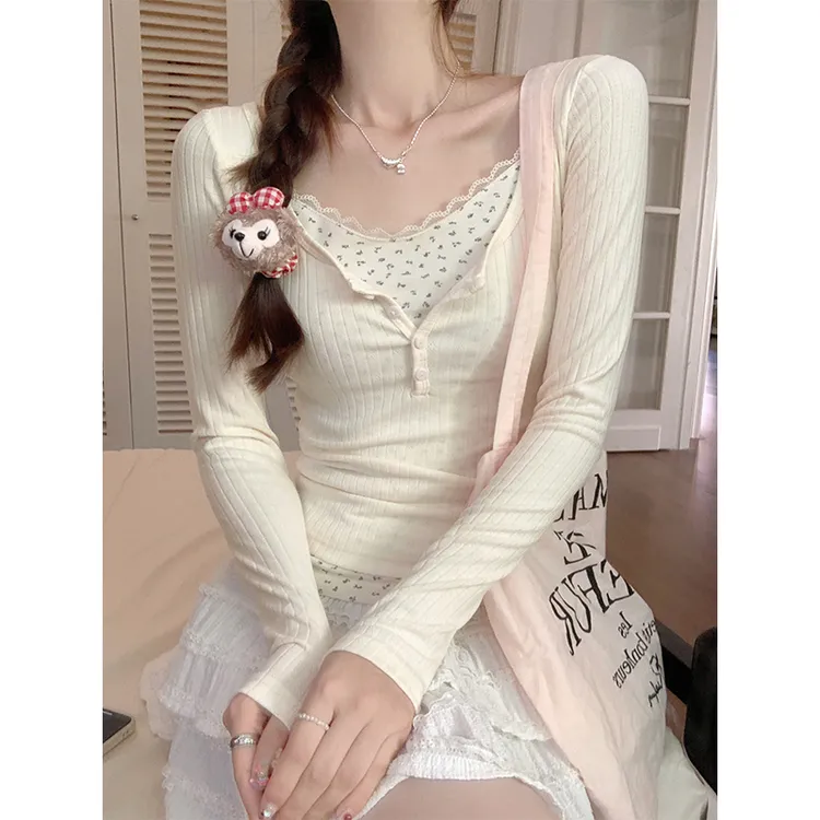 长袖T恤女2024秋季新款法式蕾丝假两件碎花设计感纯欲风收腰上衣