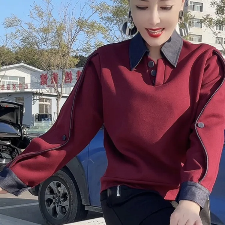 【7858】今日单品设计师款衬衫领拼接休闲百搭卫衣网红洋气炸街女装