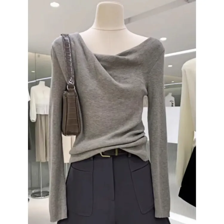 设计感荡领长袖针织衫女2025早秋新款时髦修身显瘦打底衫上衣毛衣