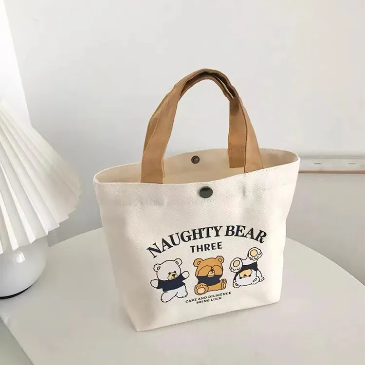 新款小熊帆布包女印花百搭学生便携小号上班手拎便当包手提包帆布