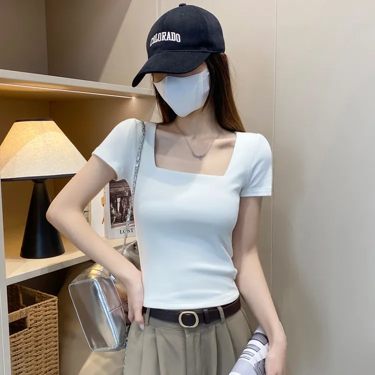 点点衣尚方领短袖t恤女春夏低领修身露锁骨打底衫内搭紧身u领上衣商品图