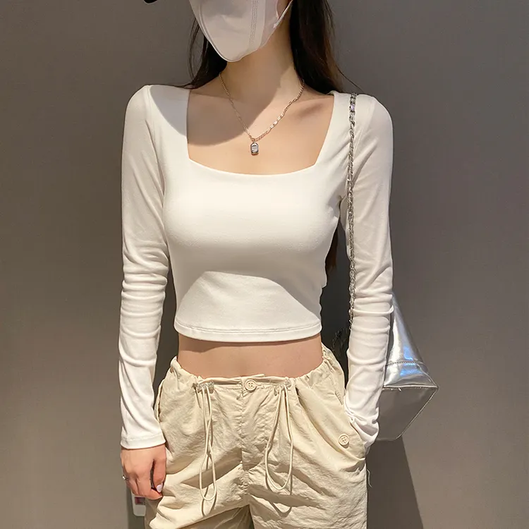 白色短款方领长袖t恤女春秋低领打底衫内搭紧身u领显瘦百搭上衣潮