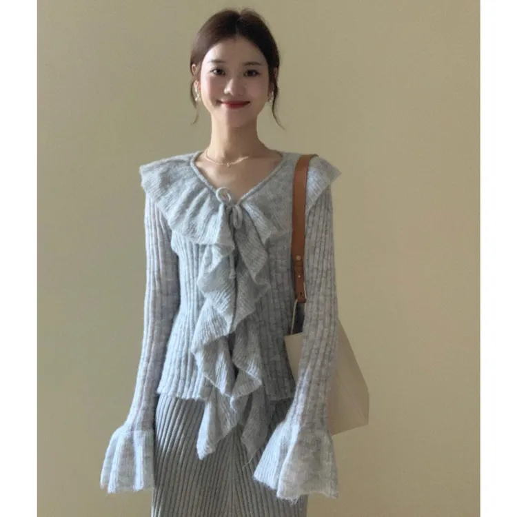 入秋一整套女装2024新款韩版荷叶边绑带针织上衣百搭吊带裙两件套