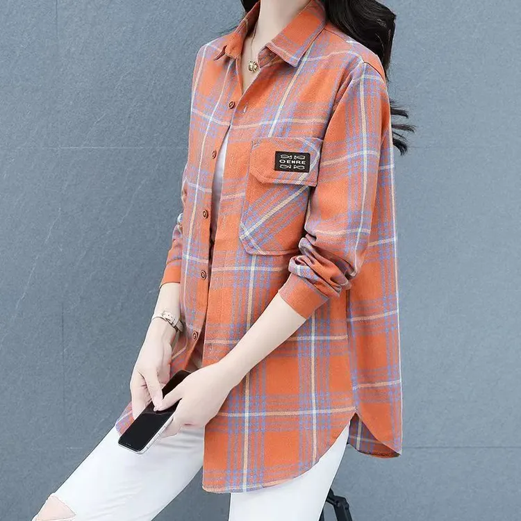 工厂直销 复古格子衬衫女中长款显瘦春夏款衬衣外套遮屁股防晒衣