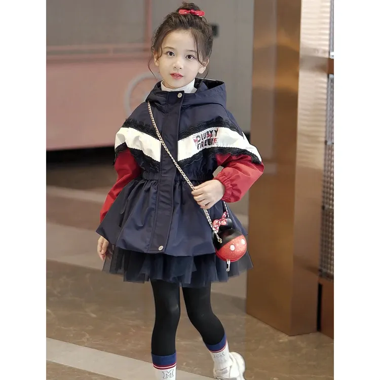 女童中长款棉服冬季2024新款公主拼接网纱蓬蓬裙儿童棉衣外套冬装