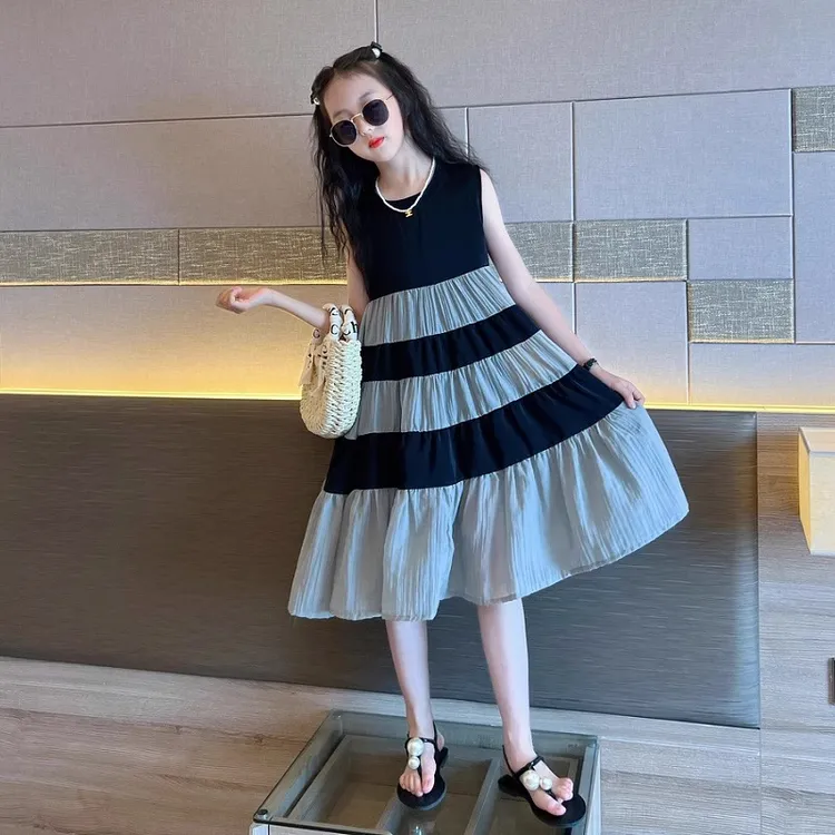 女童夏装连衣裙2024新款洋气儿童无袖长裙女大童夏季法式蛋糕裙子