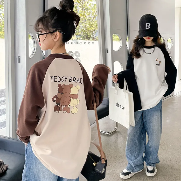 女童打底衫春秋2025新春装洋气插肩袖上衣女大童网红长袖T恤潮t