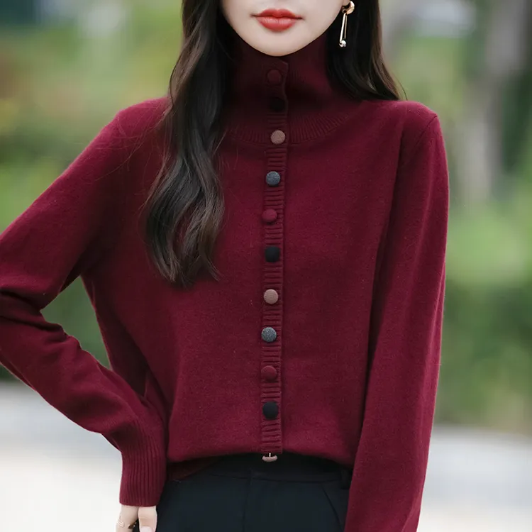 品牌时尚女装秋冬季保暖洋气彩扣针织开衫女纯色毛衣外穿气质内搭