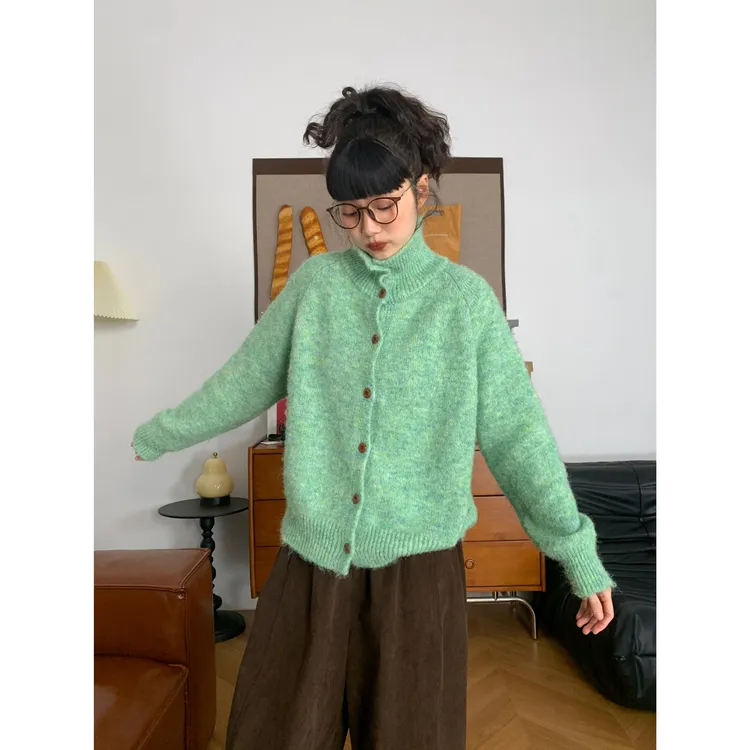 复古高领软糯针织开衫女韩版秋冬新款宽松休闲百搭显瘦慵懒毛衣潮