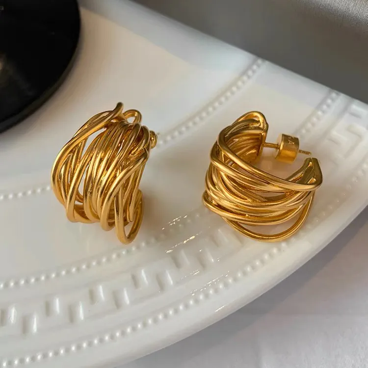 铜合金耳饰 s925银法式高级感金属重工绕线C形耳环小众轻奢耳饰