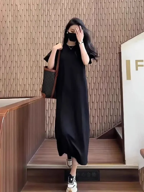 梨形身材A字圆领连衣裙高级感懒人裙短袖宽松显瘦极简风长裙夏季