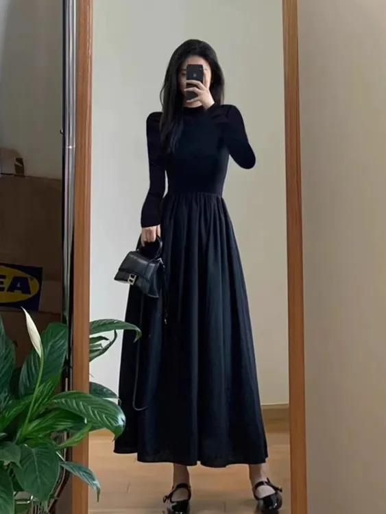 黑色针织长袖连衣裙子女装秋季2024新款韩系早初秋穿搭高级感长裙