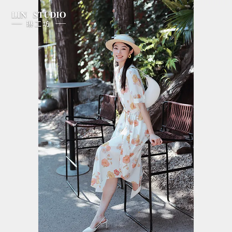 【桑蚕丝+亚麻 含吊带】琳工坊香素印花连衣裙气质休度假唐琳设计师
