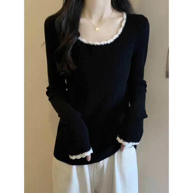 大码女装遮肚子U领毛衣针织打底衫女秋冬胖妹妹显瘦内搭长袖上衣