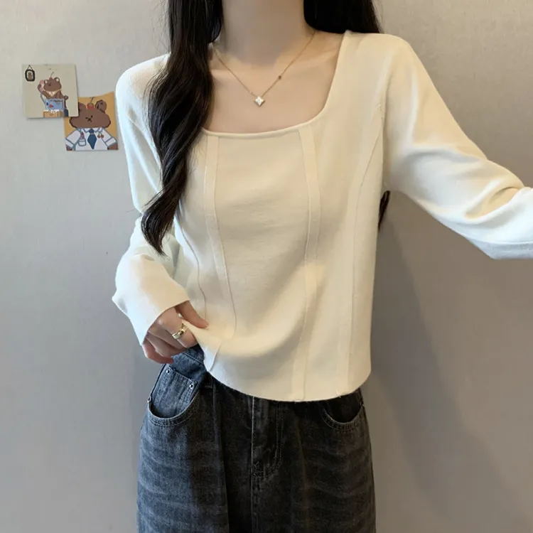大码女装春秋遮肚子白色长袖T恤胖mm显瘦内搭打底衫方领鱼骨上衣
