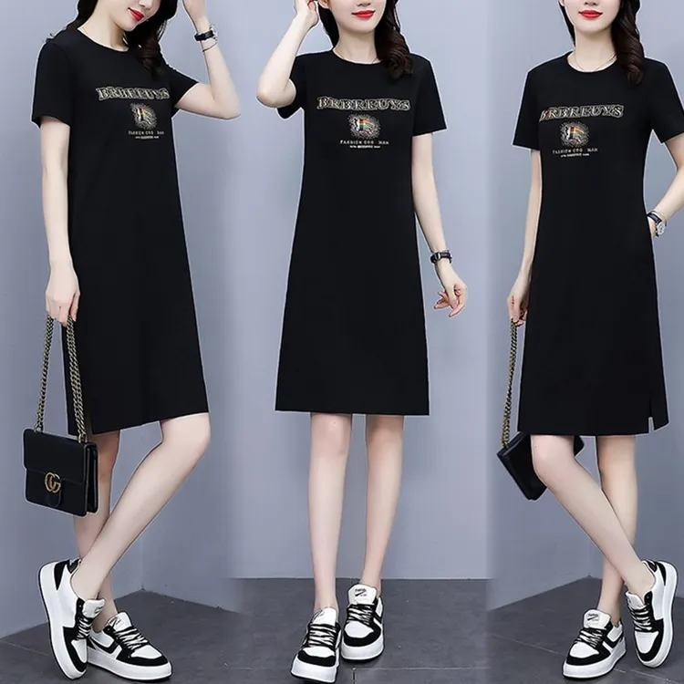夏季黑色休闲字母烫钻圆领连衣裙女中长款短袖洋气大码遮肉T恤裙