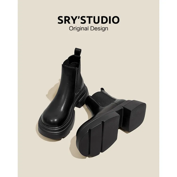 CZ6923牛皮英伦风厚底切尔西短靴女棕色烟筒靴2024冬季新款马丁靴