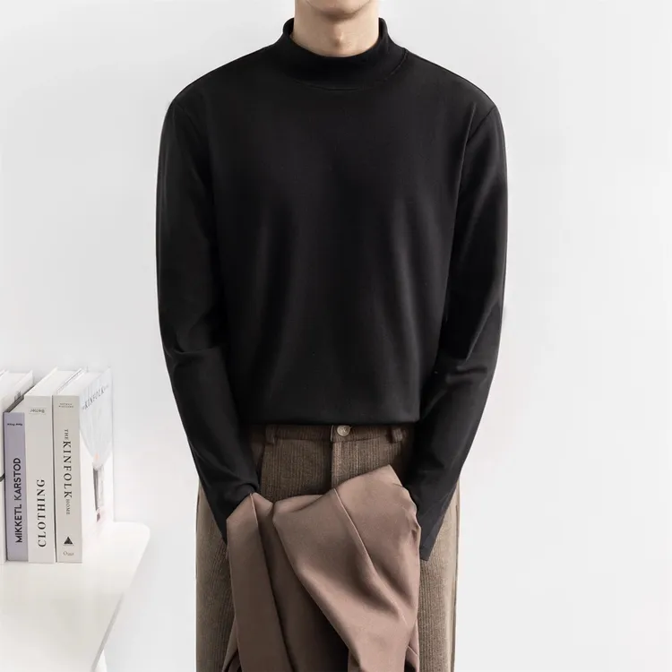 秋冬新款德绒长袖T恤纯色半高领打底衫港风潮流休闲内搭男士上衣