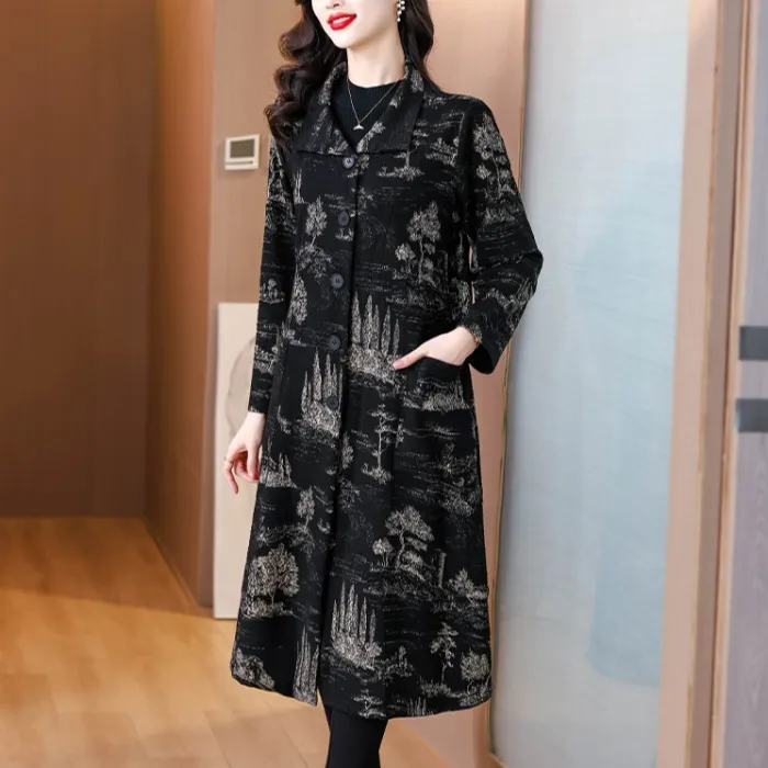 欧货高端风衣外套女秋冬新款时尚复古气质提花贵夫人中长款大衣