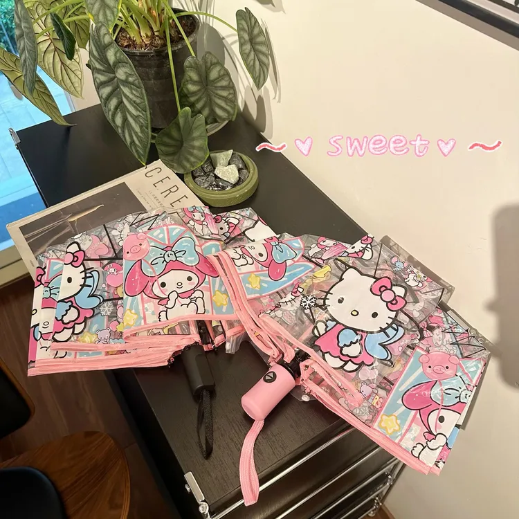 HelloKitty凯蒂猫透明雨伞折叠ins全自动三折便携加厚抗风学生伞