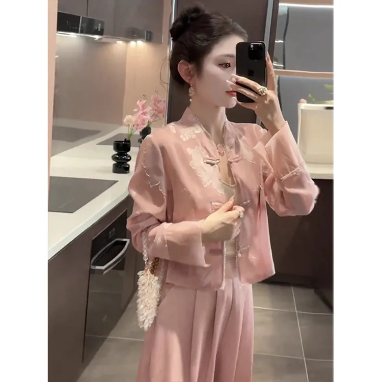 新中式国风套装女春夏新款洋气复古立领盘扣衬衫阔腿裤气质202