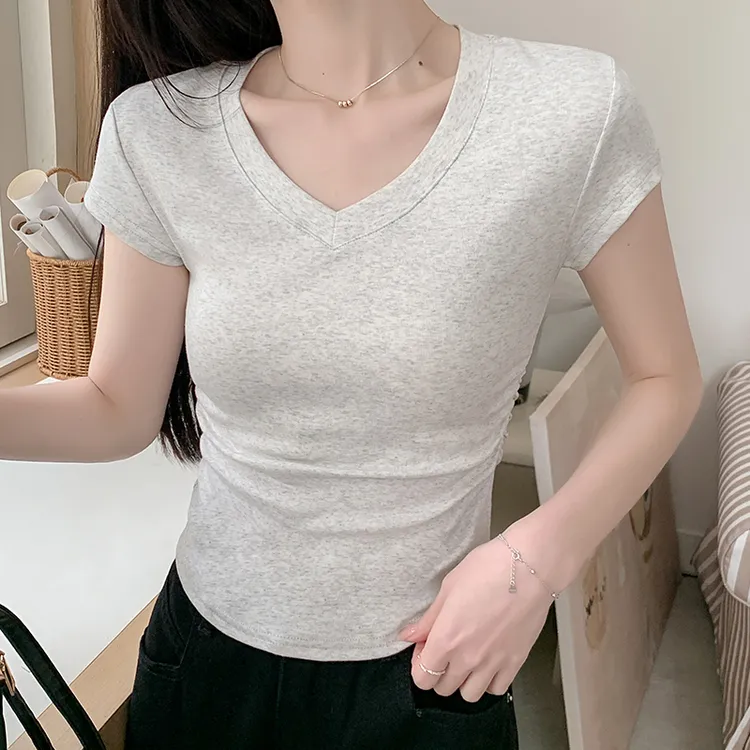 戈缕正肩纯色v领收腰设计感短袖T恤女2024夏季新款修身显瘦上衣