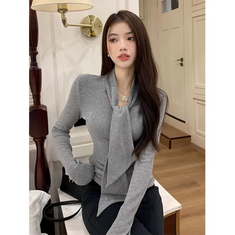 戈缕法式气质长袖T恤女秋冬款设计感绑带内搭打底衫修身上衣 8231