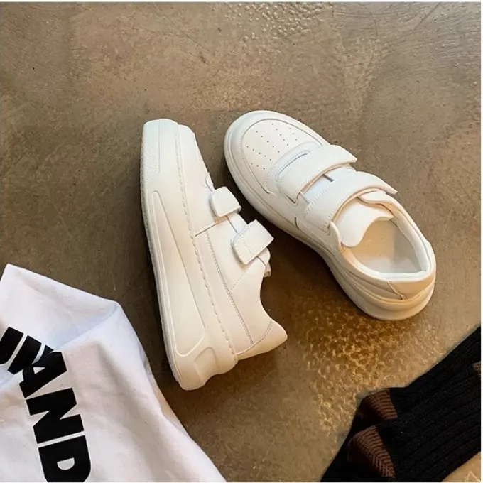 牛皮版~2025新款6.5cm厚底~笑脸魔术贴增高休闲运动板鞋女小白鞋