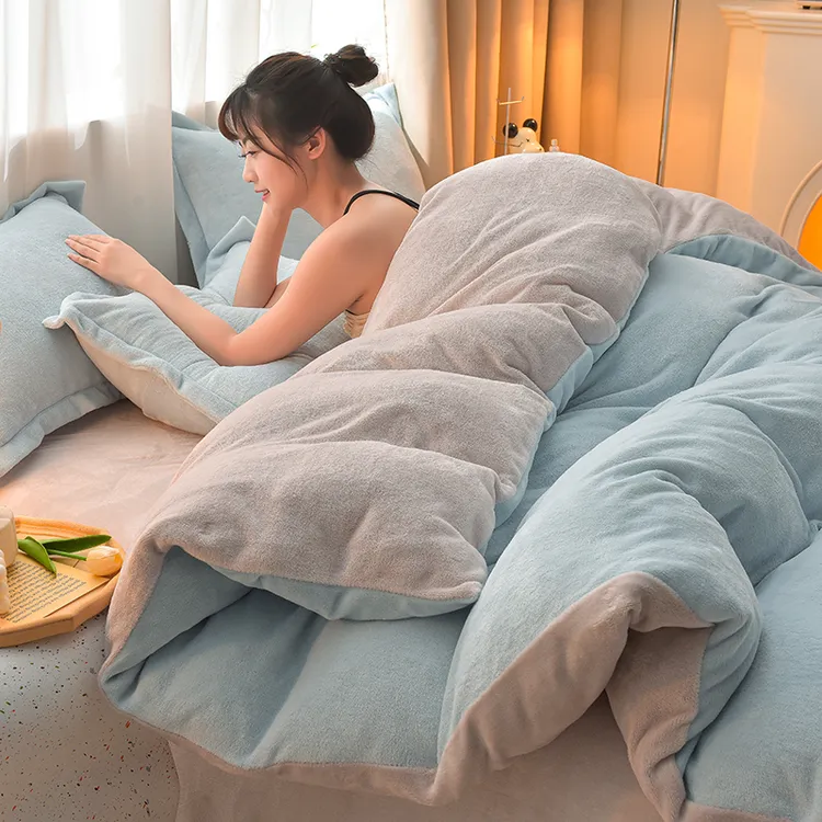 加厚牛奶绒被罩加绒四件套纯色套件冬季珊瑚绒床单双面绒被套单件