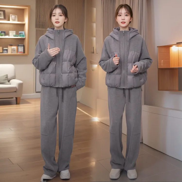 2024冬季新款高级感小个子保暖棉服拼接外套加绒裤子套装时尚女装