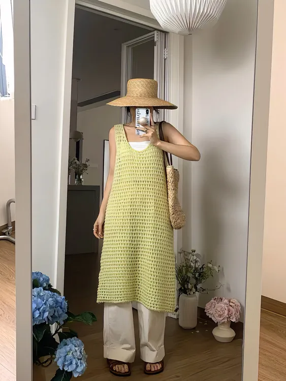 柠檬绿茶小众设计感镂空针织衫叠穿背心连衣裙女春夏气质外穿长裙