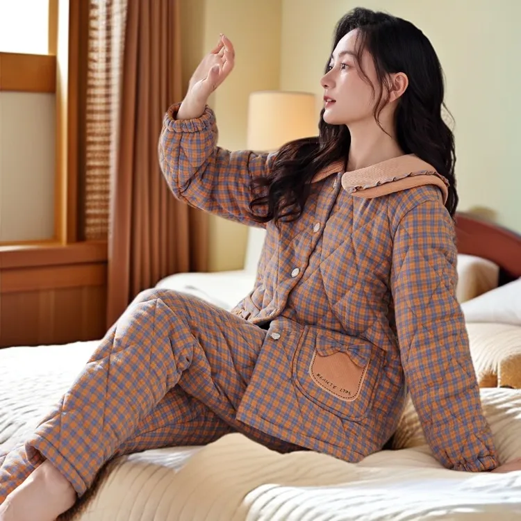 女士梭织夹棉睡衣冬季三层加厚保暖可外穿格子纯棉加绒大码家居服