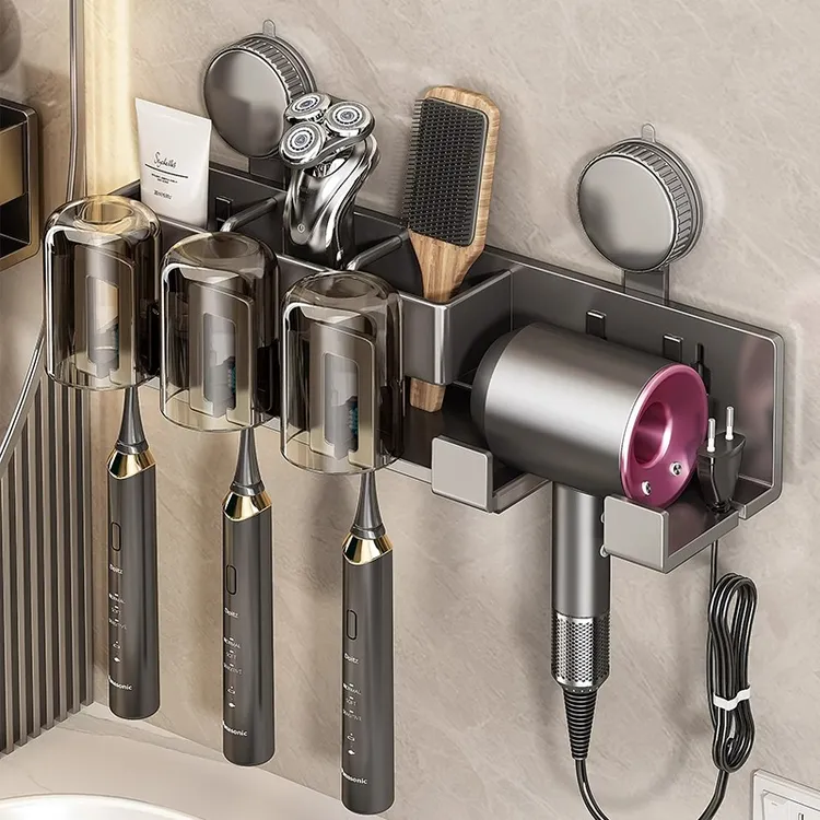 优勤吸盘牙刷置物架免打孔卫生间吹风机支架壁挂电动刷牙漱口杯架