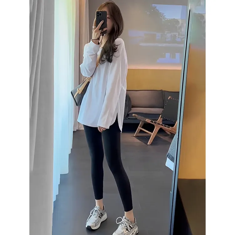 高级感中长款轻奢t恤女长袖2025新款秋季时尚白色内搭打底衫上衣