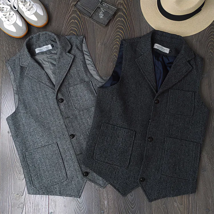 HALLOYUEYI秋冬咔叽风枪驳领蘑菇扣复古绅士羊毛呢修身马甲