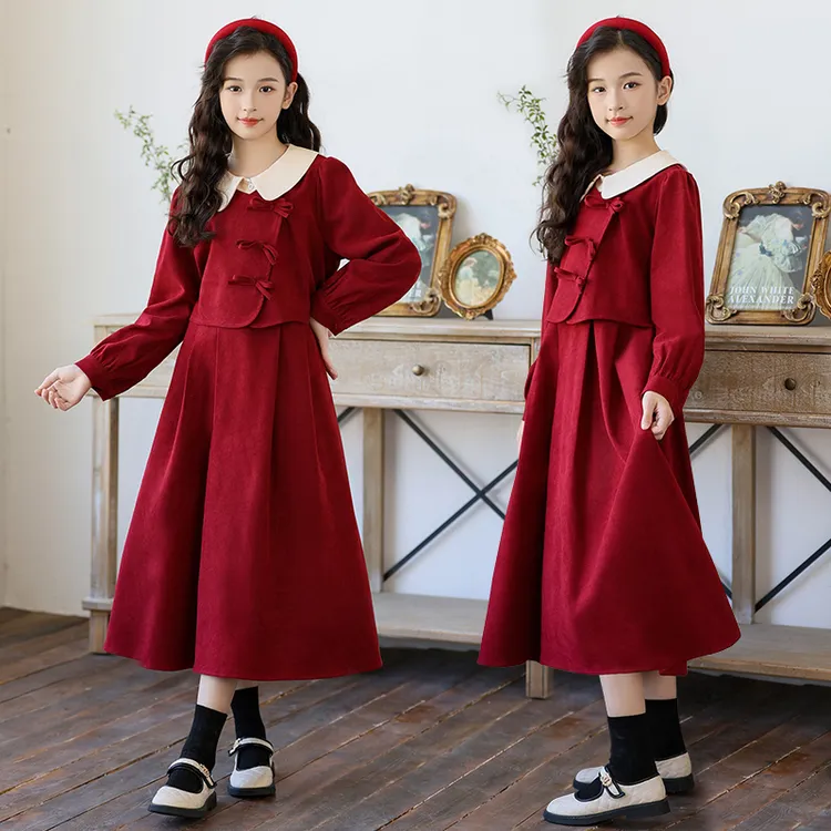 女童连衣裙秋冬加绒国风拜年裙子2025新款大童儿童洋气新年公主裙